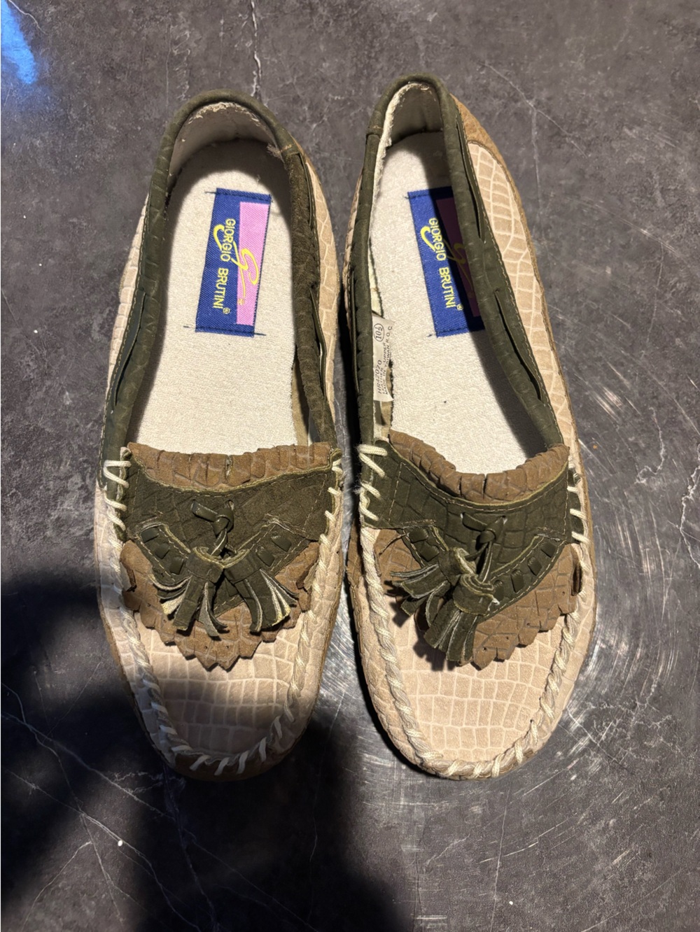 Giorgio Brutini Beige & Olive Tassel Slip-On Loafers
